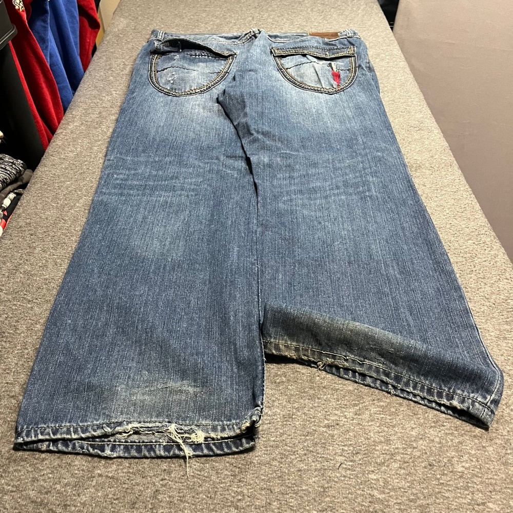 Artful Dodger Mens Baggy Embroidered Distressed Jeans Blue Denim 42x34 Y2K